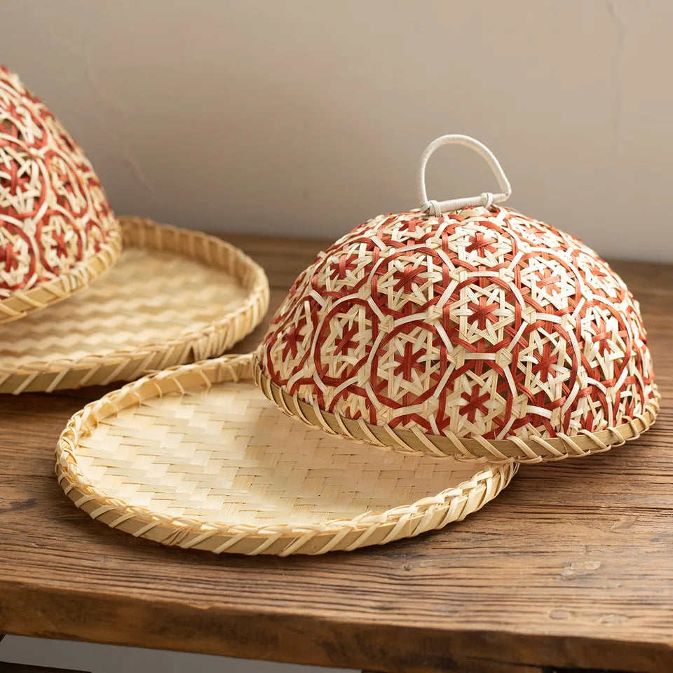 Hand-woven Rattan Fruit Plate Bread Basket Round Lid Insect Proof Dining Table Cover Fruit Leftovers Rice Leftovers Umbrella