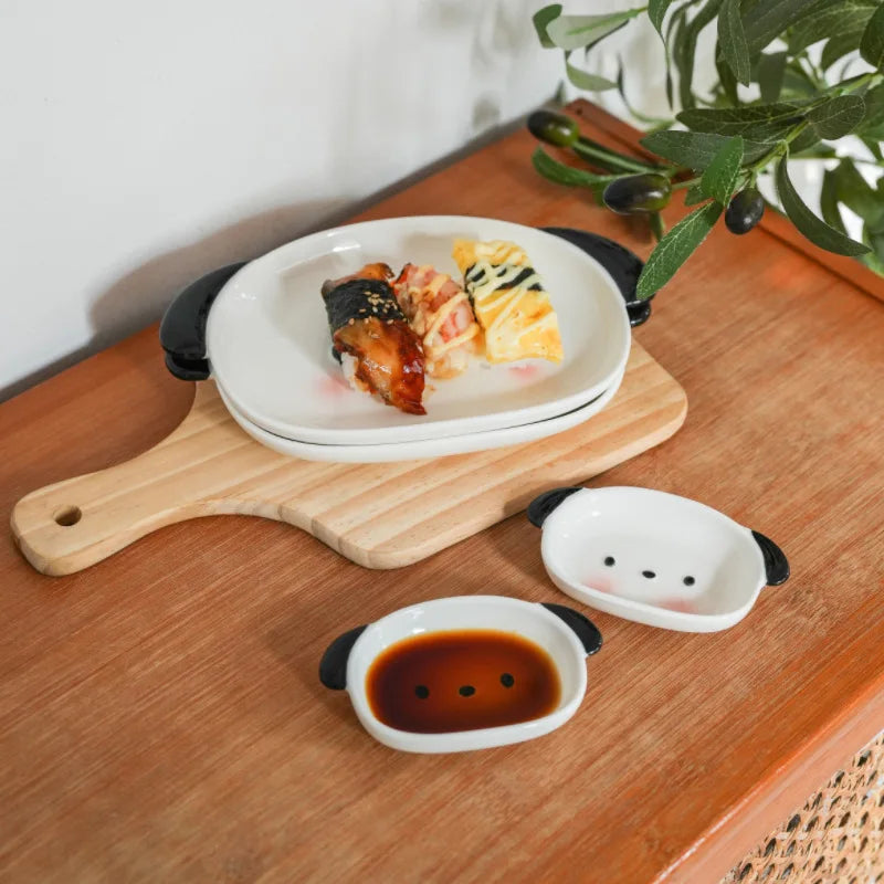 Cute puppy shaped 8-inch sushi plate and 4-inch dipping dish