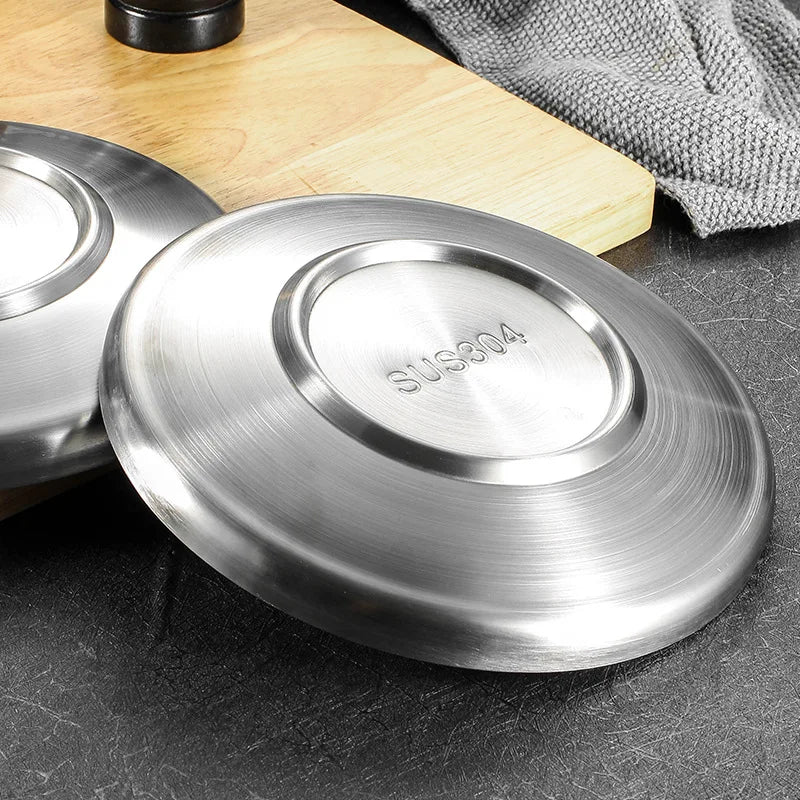 304 Stainless Steel Round Plate, Double-Walled Insulated Dinner Plate, Plates for Snack, Dishes and Fruit