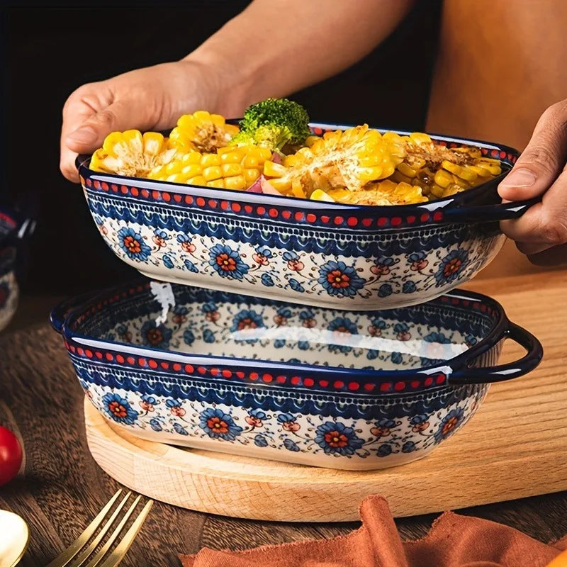 1pc Large Baking Dish with Blue & White Floral  & Black Rim - /Microwave/Dishwasher/ Multi-Use Casserole Pan for Turkey, Lasagna