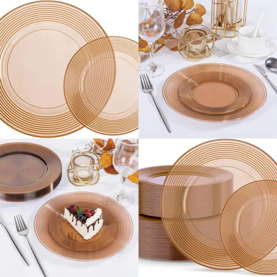 100 Pack Durable Clear Brown Plastic Plates - Disposable for 50 Guests, Ideal for Parties and Weddings (10 & 7)