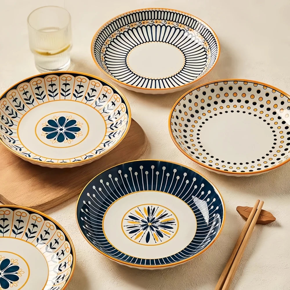 4 pcs ceramic 8-inch discs, Japanese dining table serving plates, relief craft salad pasta plates