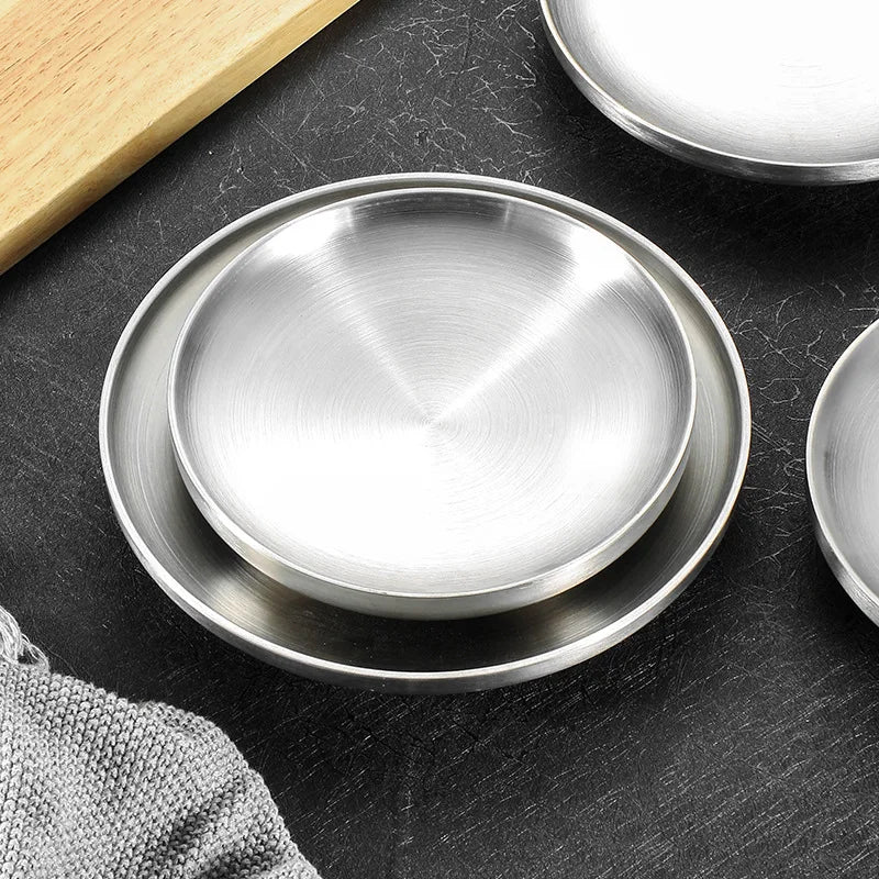 304 Stainless Steel Round Plate, Double-Walled Insulated Dinner Plate, Plates for Snack, Dishes and Fruit