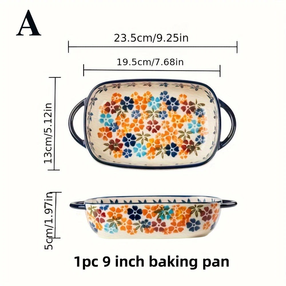 1PC Colorful Cherry Blossom Flowers Vintage Style Ceramic Bakeware Dish Casserole Dish Baking Pan Lasagna Pans with Handles for