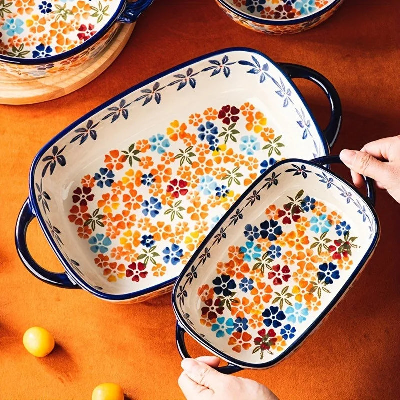 1PC Colorful Cherry Blossom Flowers Vintage Style Ceramic Bakeware Dish Casserole Dish Baking Pan Lasagna Pans with Handles for