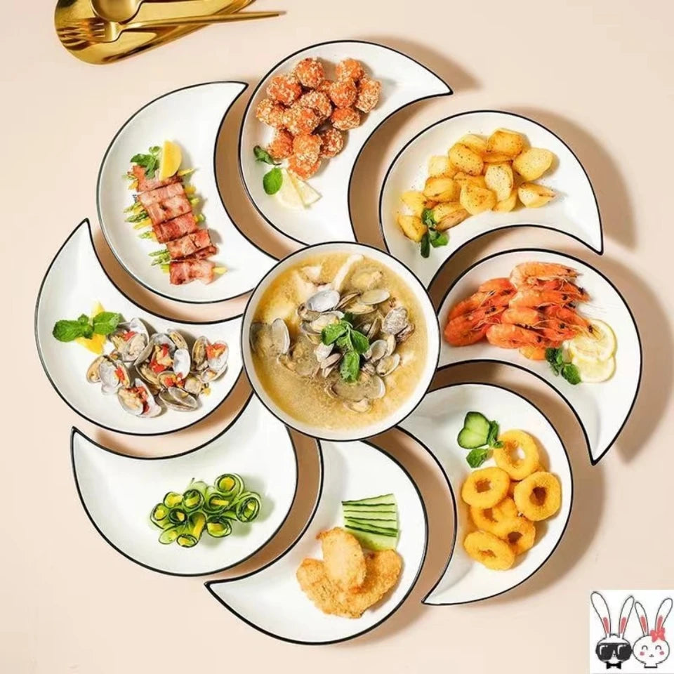 5 Piece Reunion Ceramic Dinnerware Set Moon Shaped Hot Pot Plate Flexible Combination of Plates According to Food Consumption