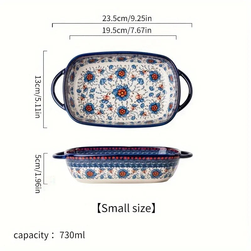 1pc Large Baking Dish with Blue & White Floral  & Black Rim - /Microwave/Dishwasher/ Multi-Use Casserole Pan for Turkey, Lasagna