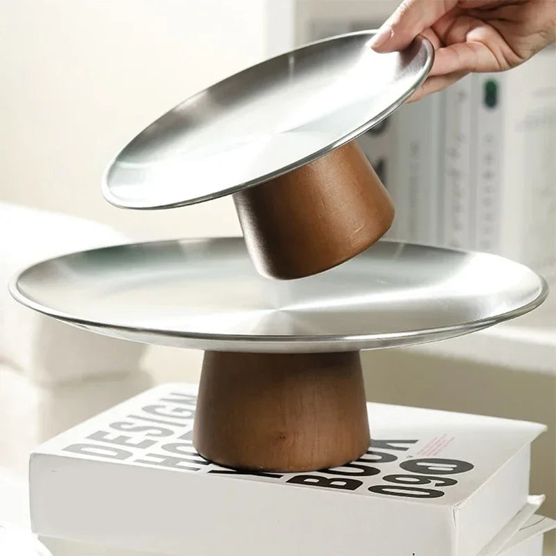 Stainless Steel Tray Fruit Bowl with Wooden Base Partitioned Candy Bread Cake Dessert Table Plates Kitchen Dinnerware Tableware