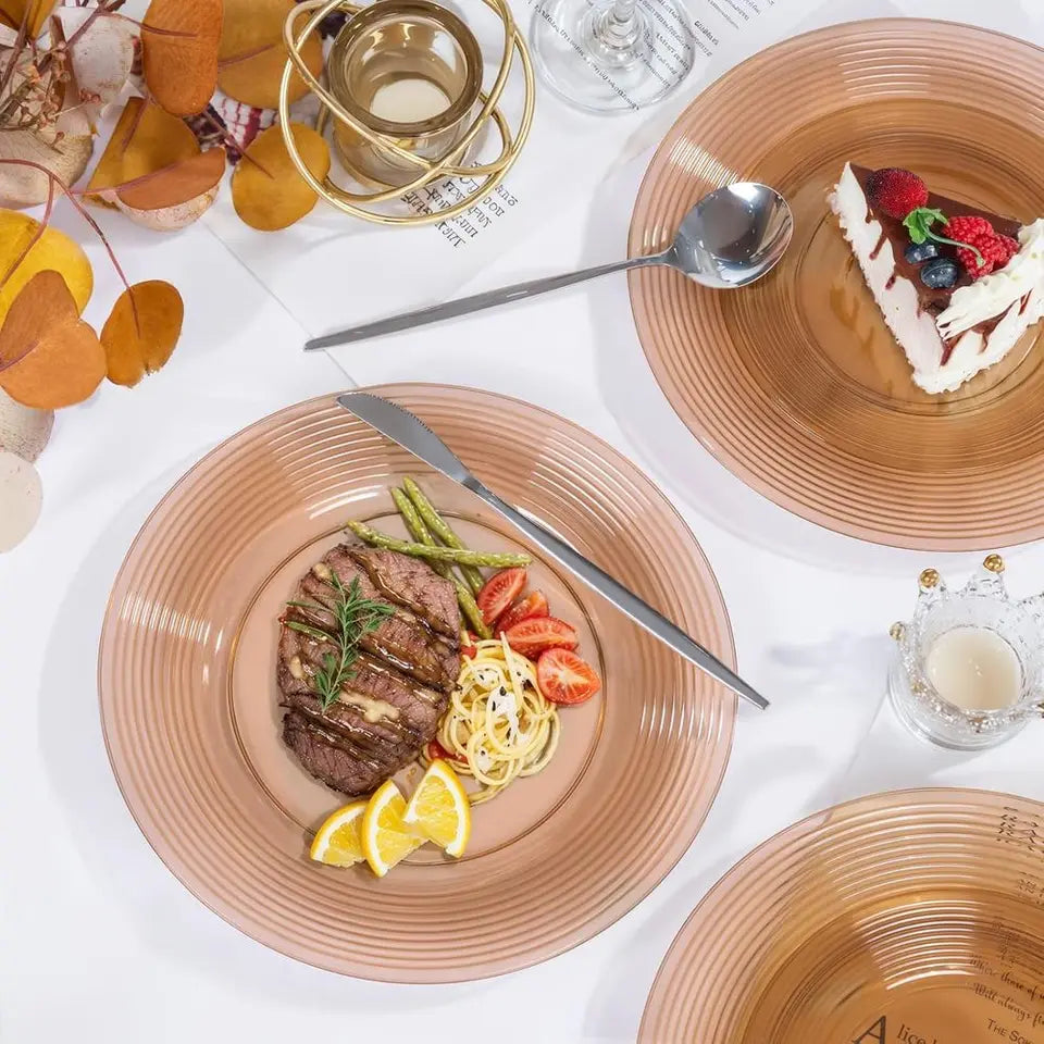 100 Pack Durable Clear Brown Plastic Plates - Disposable for 50 Guests, Ideal for Parties and Weddings (10 & 7)