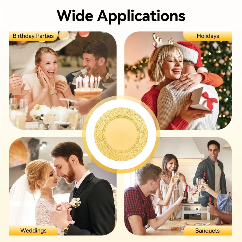 100 Pieces PP Round Charger Plates Set - RReusable Serving Plates Wedding Decorative Chargers Patterned Snack Trays Embosse