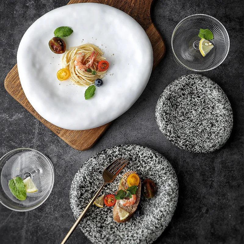 Sushi Plate  Home Dining Plate Japanese Steak Plate   Creative Circular Stone Patterned Western Cuisine Plate Ceramic