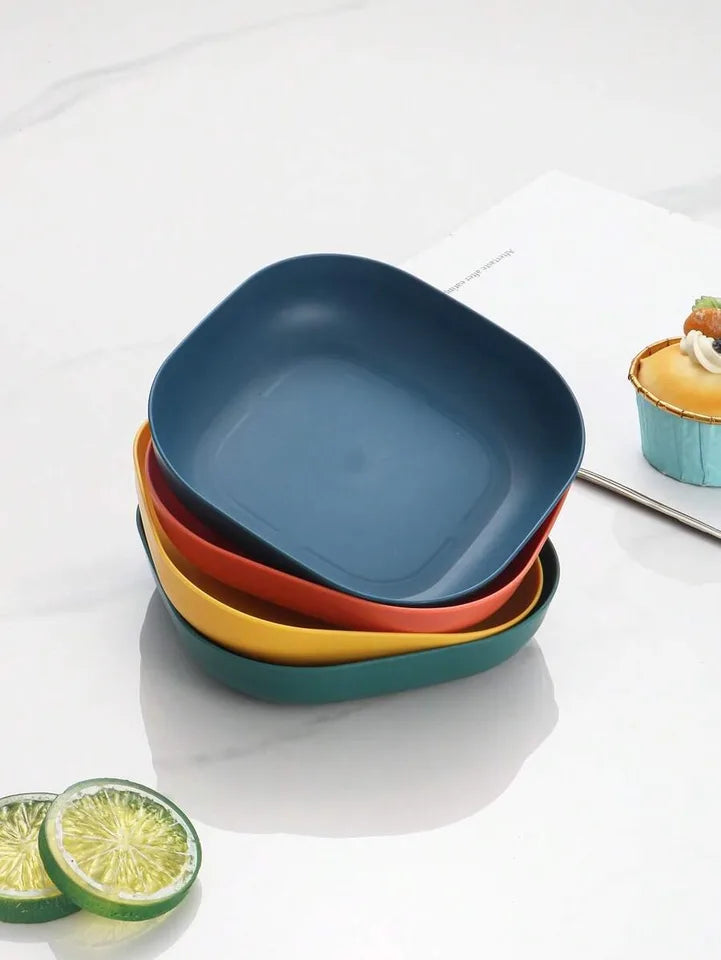 4pcs Square reusable plastic dessert plates, durable tableware for camping, picnics, dishwasher and microwave safe