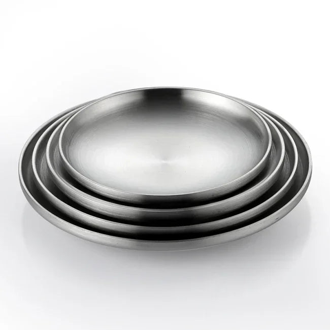 304 Stainless Steel Round Plate, Double-Walled Insulated Dinner Plate, Plates for Snack, Dishes and Fruit