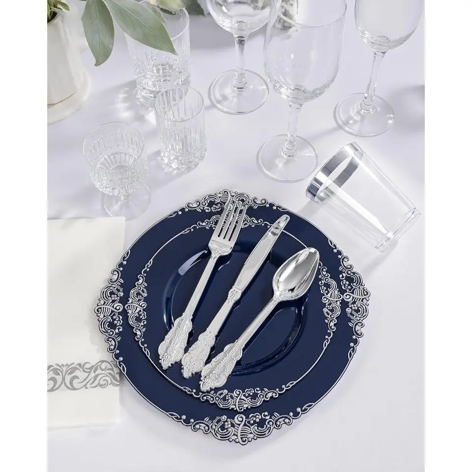 50-Guest Blue & Silver Plastic Dinnerware Set: 10.25 Dinner, 7.5 Dessert Plates, Cutlery, Napkins, Cups