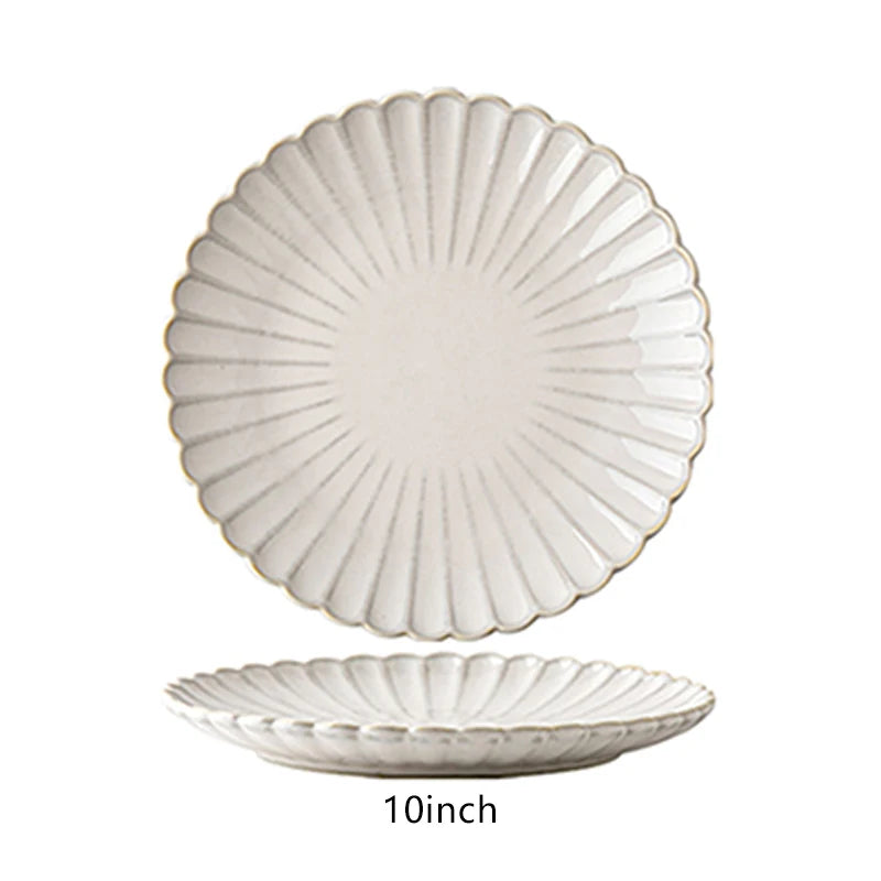1Pc8Inch/10.5Inch Embossed Stripesd Shell Edge Ceramic Plate, Salad Plate, Western Steak Plate Breakfast Plate, Salad Light Food Plate, Suitable for Restaurant Western Food Plate, Serving Plate, Home Kitchen Tableware Serving Supplies, Gift Giving