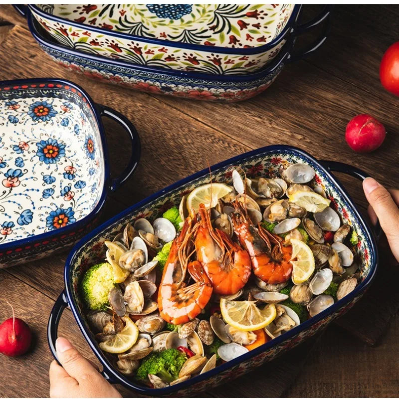 1pc Large Baking Dish with Blue & White Floral  & Black Rim - /Microwave/Dishwasher/ Multi-Use Casserole Pan for Turkey, Lasagna
