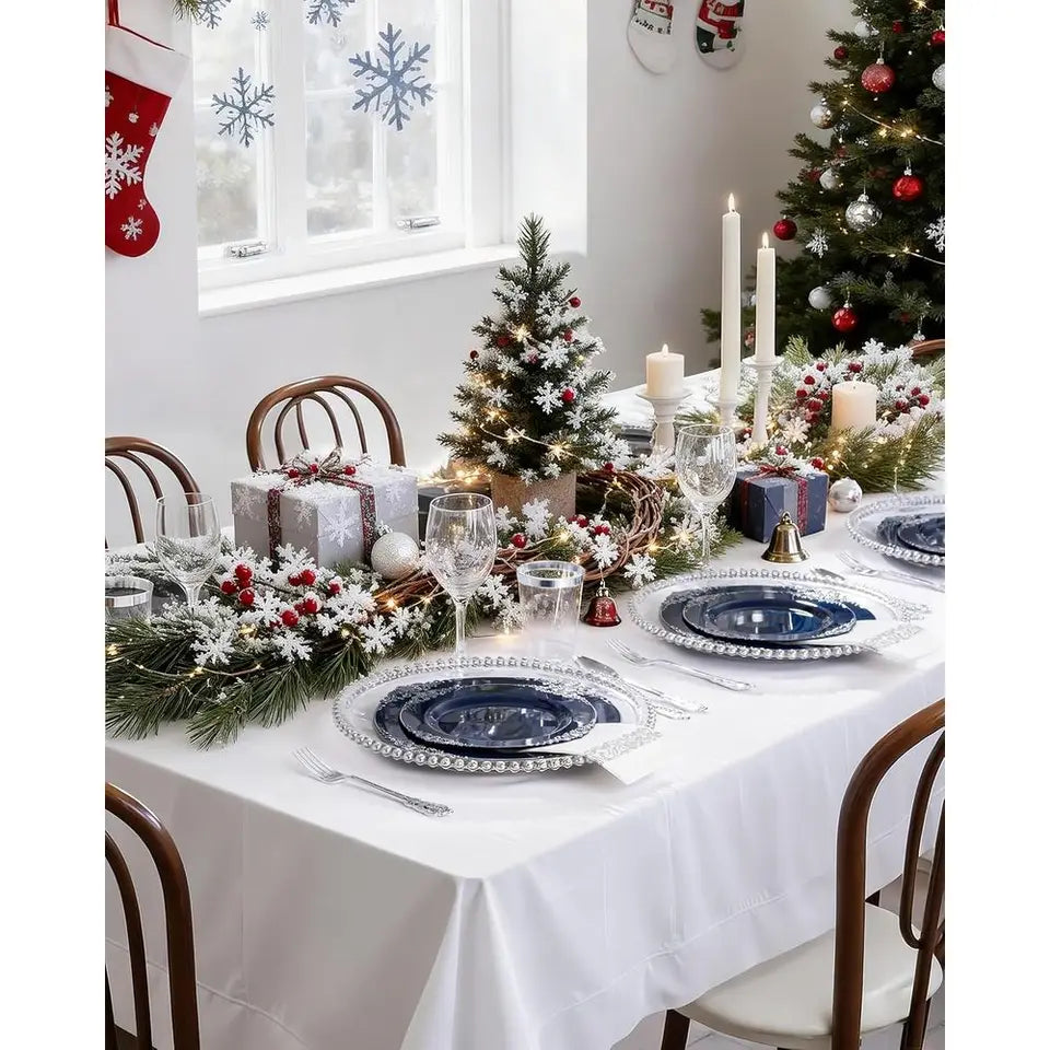50-Guest Blue & Silver Plastic Dinnerware Set: 10.25 Dinner, 7.5 Dessert Plates, Cutlery, Napkins, Cups