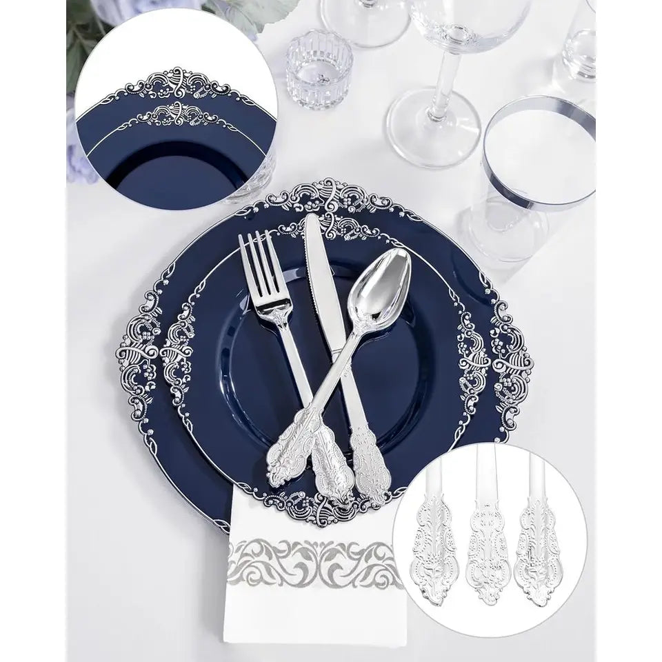 50-Guest Blue & Silver Plastic Dinnerware Set: 10.25 Dinner, 7.5 Dessert Plates, Cutlery, Napkins, Cups