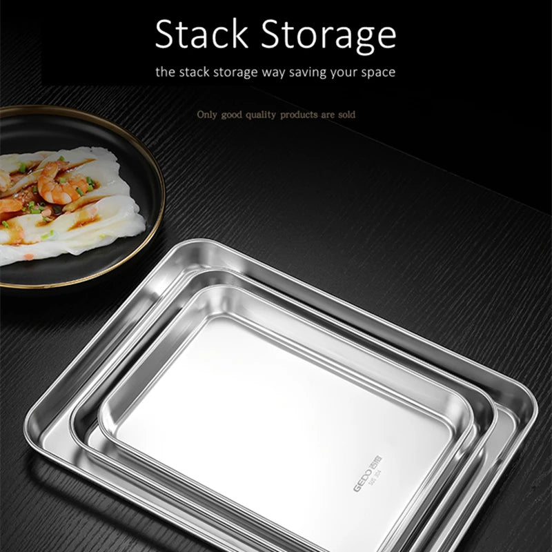 LFGB Certification 304 Stainless Steel Rectangle Plate Never Deform Baking Tray Main Course Seafood Food Container for Kitchen