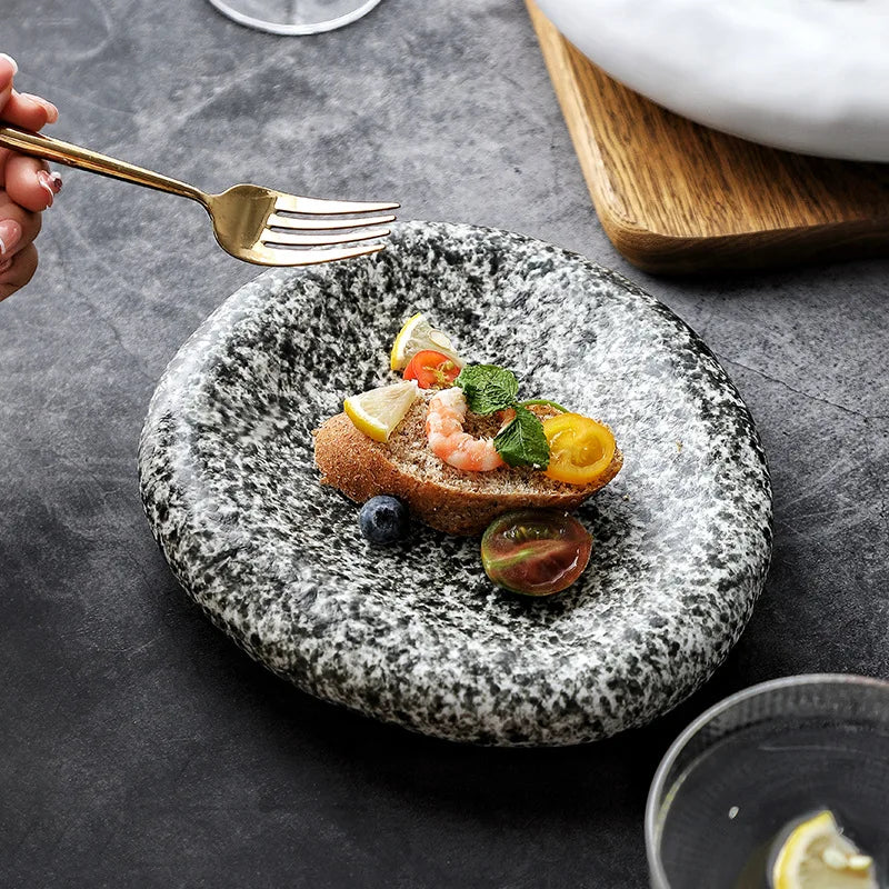 Sushi Plate  Home Dining Plate Japanese Steak Plate   Creative Circular Stone Patterned Western Cuisine Plate Ceramic