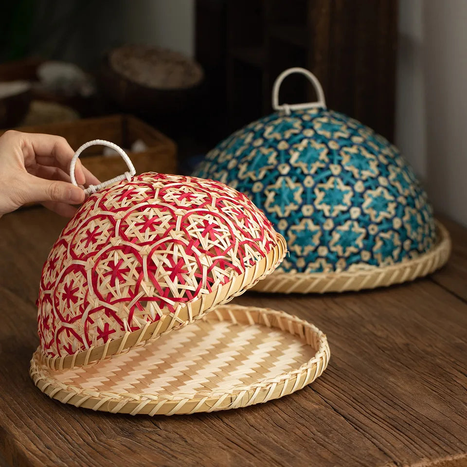 Hand-woven Rattan Fruit Plate Bread Basket Round Lid Insect Proof Dining Table Cover Fruit Leftovers Rice Leftovers Umbrella