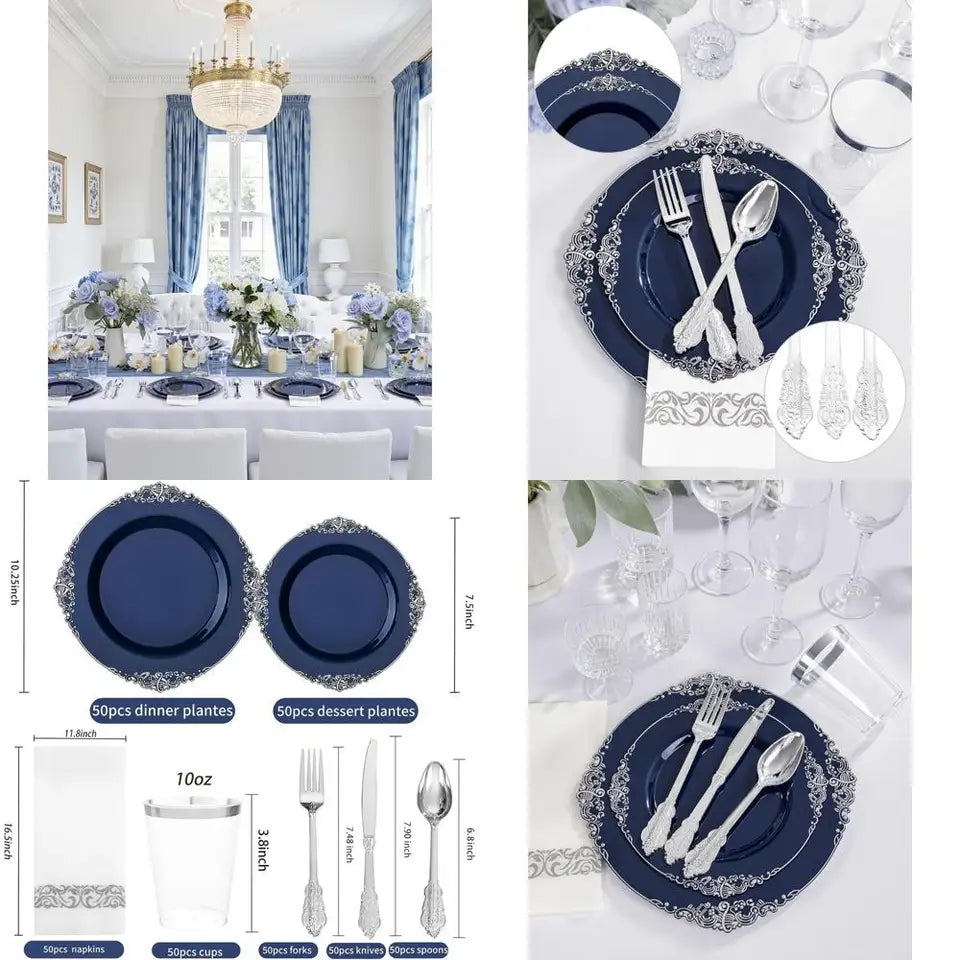 50-Guest Blue & Silver Plastic Dinnerware Set: 10.25 Dinner, 7.5 Dessert Plates, Cutlery, Napkins, Cups