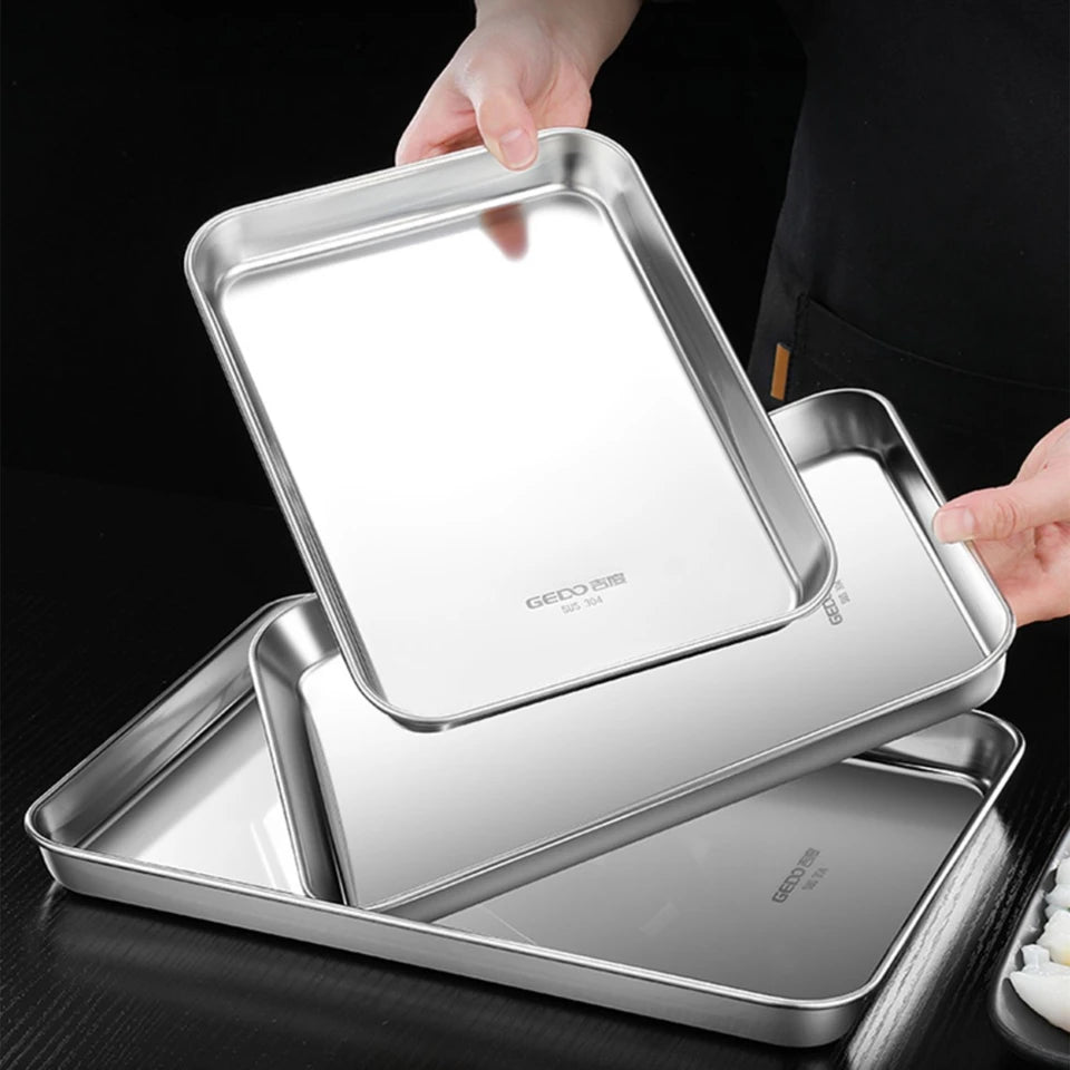 LFGB Certification 304 Stainless Steel Rectangle Plate Never Deform Baking Tray Main Course Seafood Food Container for Kitchen