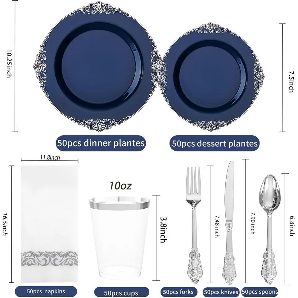 50-Guest Blue & Silver Plastic Dinnerware Set: 10.25 Dinner, 7.5 Dessert Plates, Cutlery, Napkins, Cups