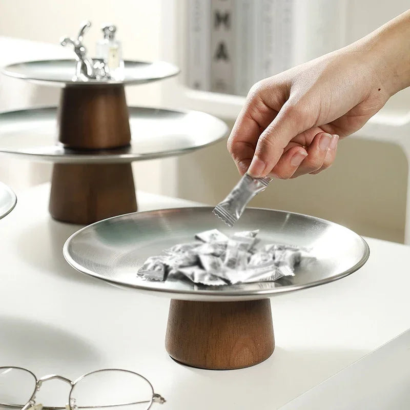 Stainless Steel Tray Fruit Bowl with Wooden Base Partitioned Candy Bread Cake Dessert Table Plates Kitchen Dinnerware Tableware