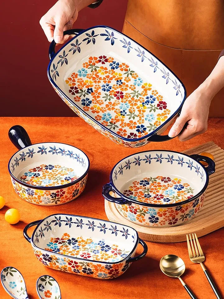 1PC Colorful Cherry Blossom Flowers Vintage Style Ceramic Bakeware Dish Casserole Dish Baking Pan Lasagna Pans with Handles for