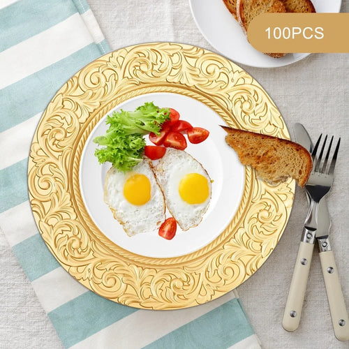 100 Pieces PP Round Charger Plates Set - RReusable Serving Plates Wedding Decorative Chargers Patterned Snack Trays Embosse