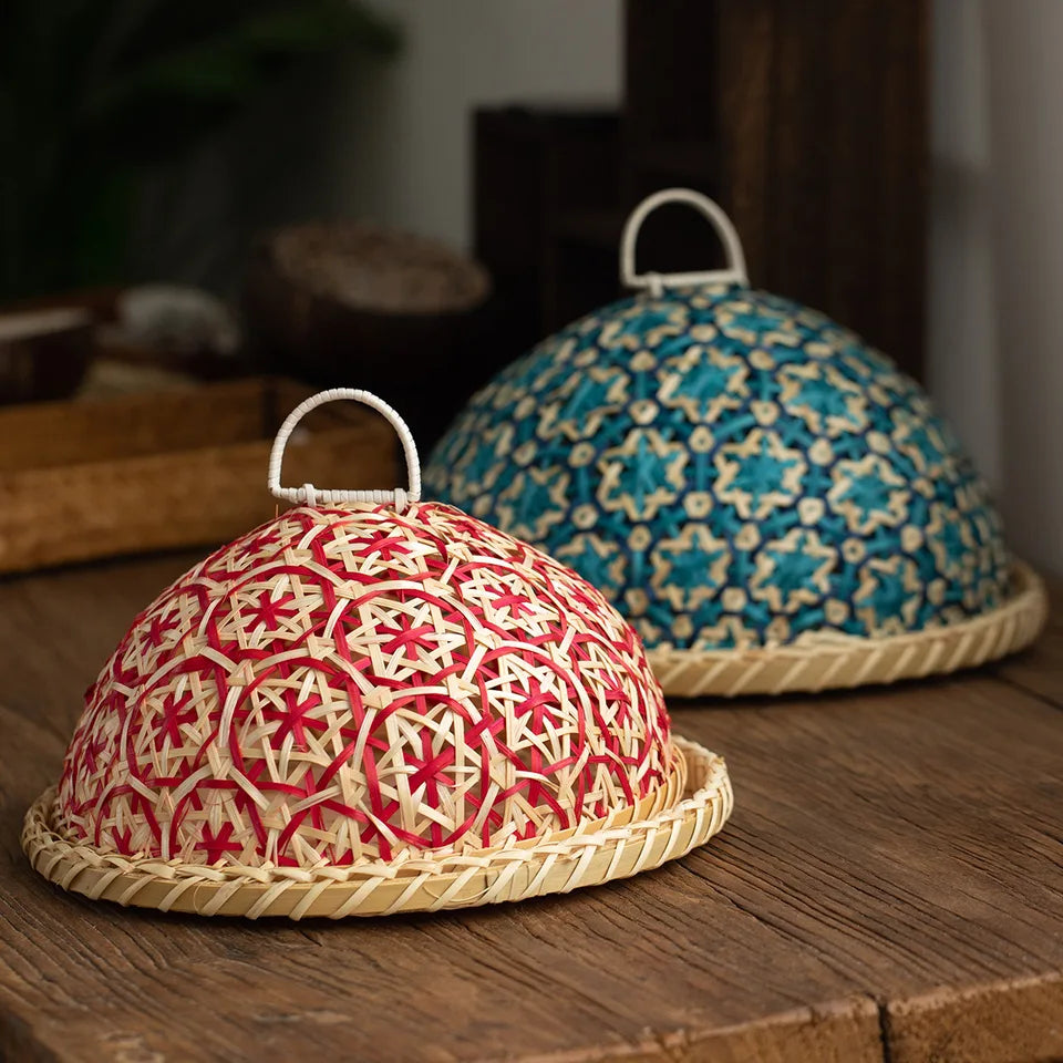 Hand-woven Rattan Fruit Plate Bread Basket Round Lid Insect Proof Dining Table Cover Fruit Leftovers Rice Leftovers Umbrella