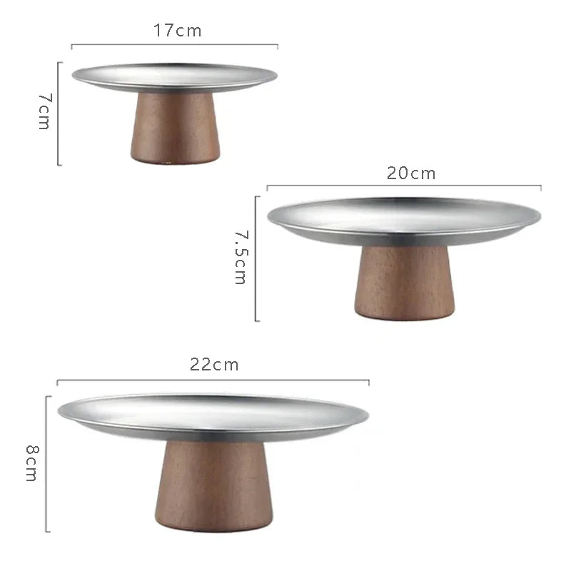Stainless Steel Tray Fruit Bowl with Wooden Base Partitioned Candy Bread Cake Dessert Table Plates Kitchen Dinnerware Tableware