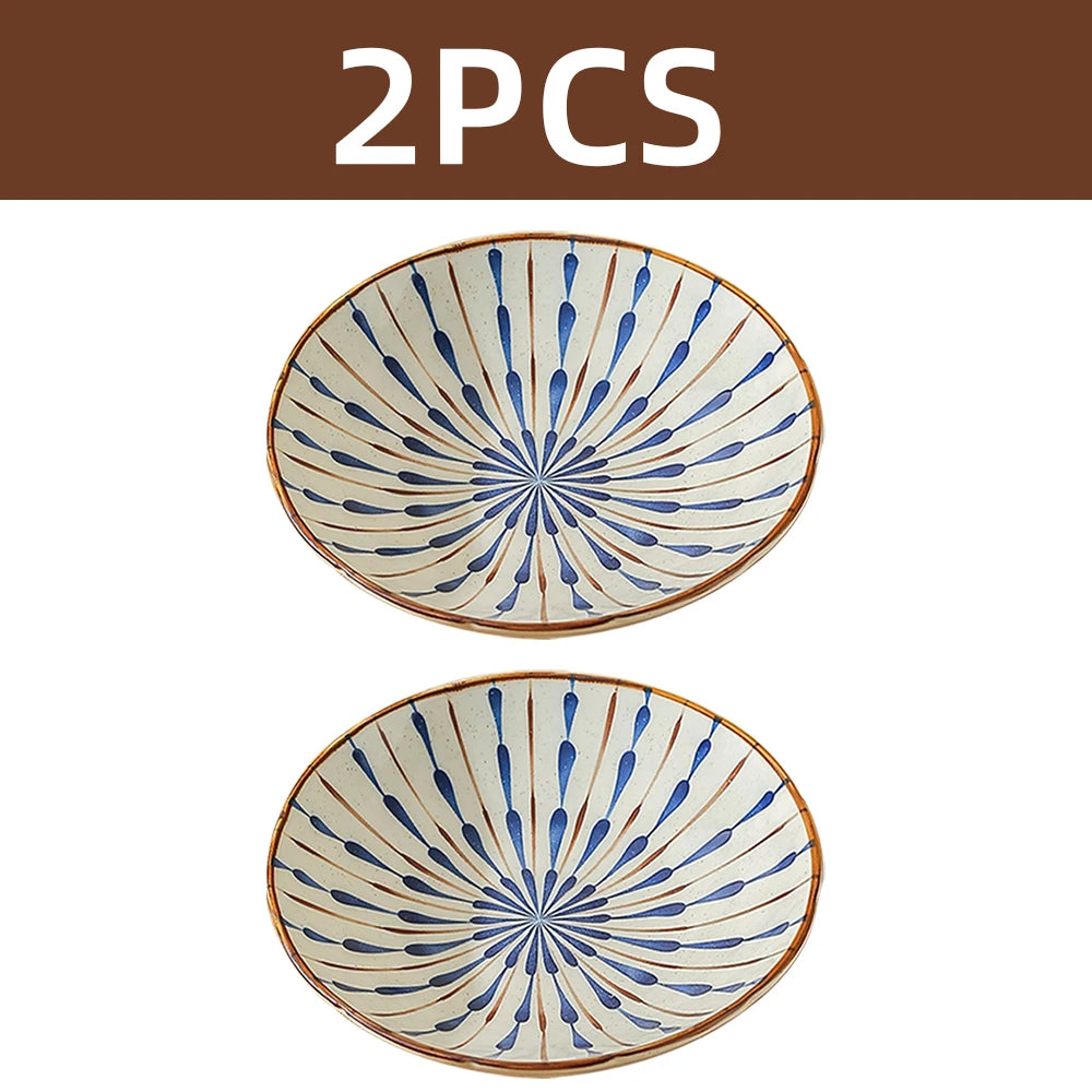 2PCS Ceramic Dinner Plates Japanese Retro Deep Round Plate Dinner Plates Pasta Plate Kitchen Tableware Microwave Oven Bakeware