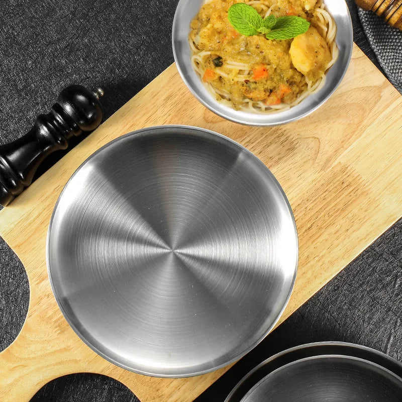 304 Stainless Steel Round Plate, Double-Walled Insulated Dinner Plate, Plates for Snack, Dishes and Fruit