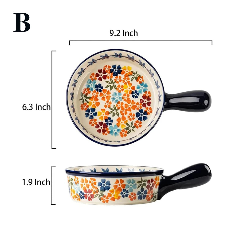 1PC Colorful Cherry Blossom Flowers Vintage Style Ceramic Bakeware Dish Casserole Dish Baking Pan Lasagna Pans with Handles for