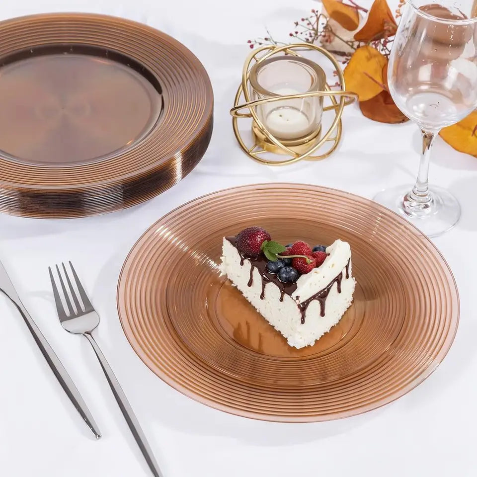 100 Pack Durable Clear Brown Plastic Plates - Disposable for 50 Guests, Ideal for Parties and Weddings (10 & 7)