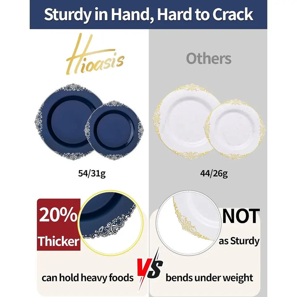 50-Guest Blue & Silver Plastic Dinnerware Set: 10.25 Dinner, 7.5 Dessert Plates, Cutlery, Napkins, Cups