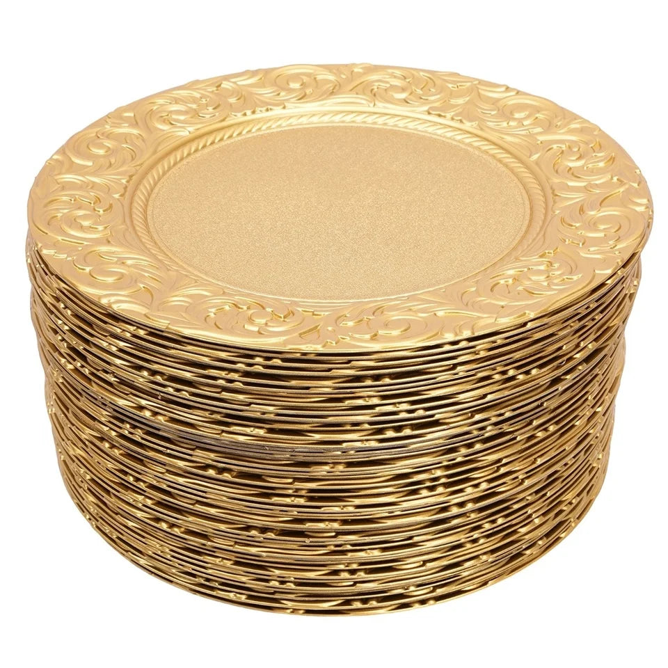 100 Pieces PP Round Charger Plates Set - RReusable Serving Plates Wedding Decorative Chargers Patterned Snack Trays Embosse