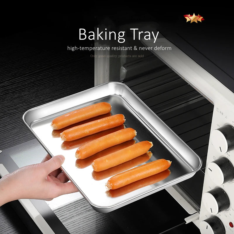 LFGB Certification 304 Stainless Steel Rectangle Plate Never Deform Baking Tray Main Course Seafood Food Container for Kitchen