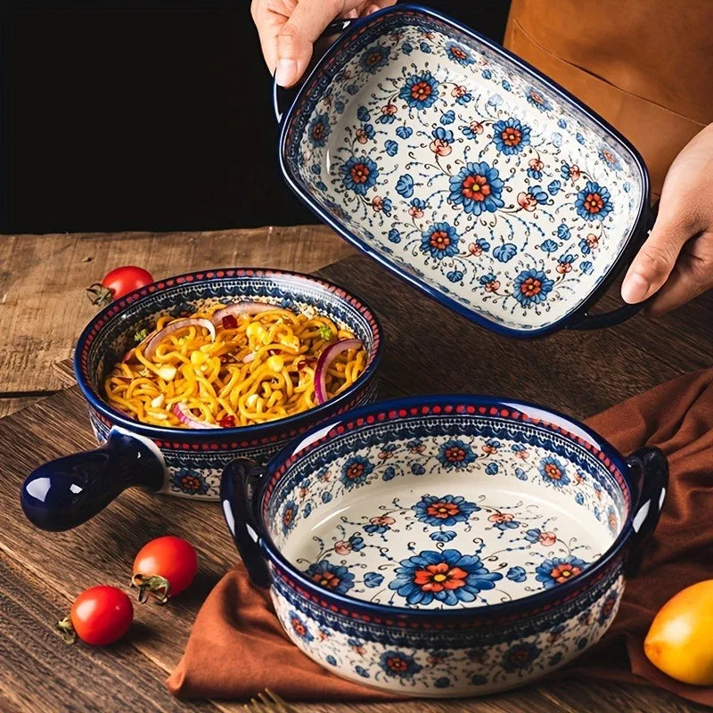 1pc Large Baking Dish with Blue & White Floral  & Black Rim - /Microwave/Dishwasher/ Multi-Use Casserole Pan for Turkey, Lasagna