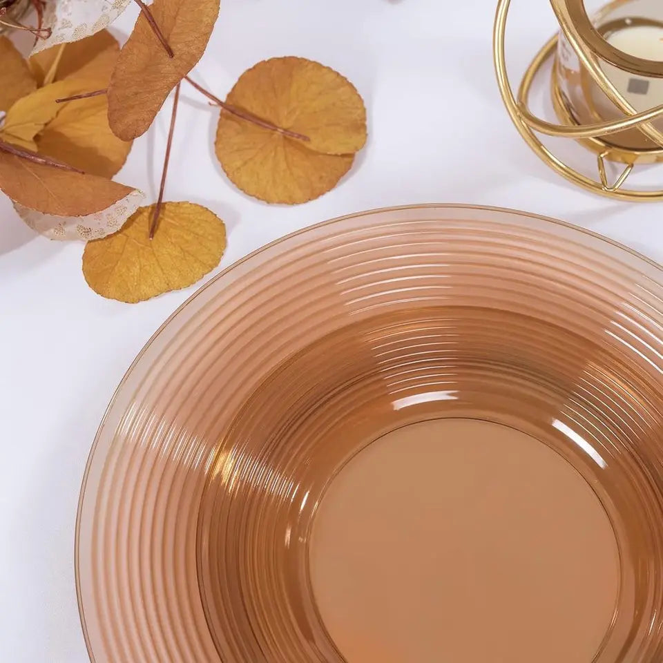 100 Pack Durable Clear Brown Plastic Plates - Disposable for 50 Guests, Ideal for Parties and Weddings (10 & 7)