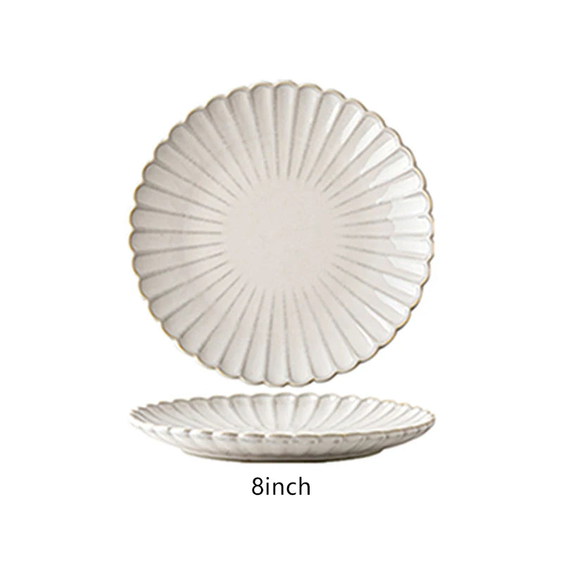 1Pc8Inch/10.5Inch Embossed Stripesd Shell Edge Ceramic Plate, Salad Plate, Western Steak Plate Breakfast Plate, Salad Light Food Plate, Suitable for Restaurant Western Food Plate, Serving Plate, Home Kitchen Tableware Serving Supplies, Gift Giving