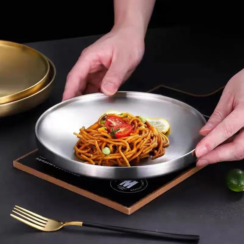 304 Stainless Steel Round Plate, Double-Walled Insulated Dinner Plate, Plates for Snack, Dishes and Fruit